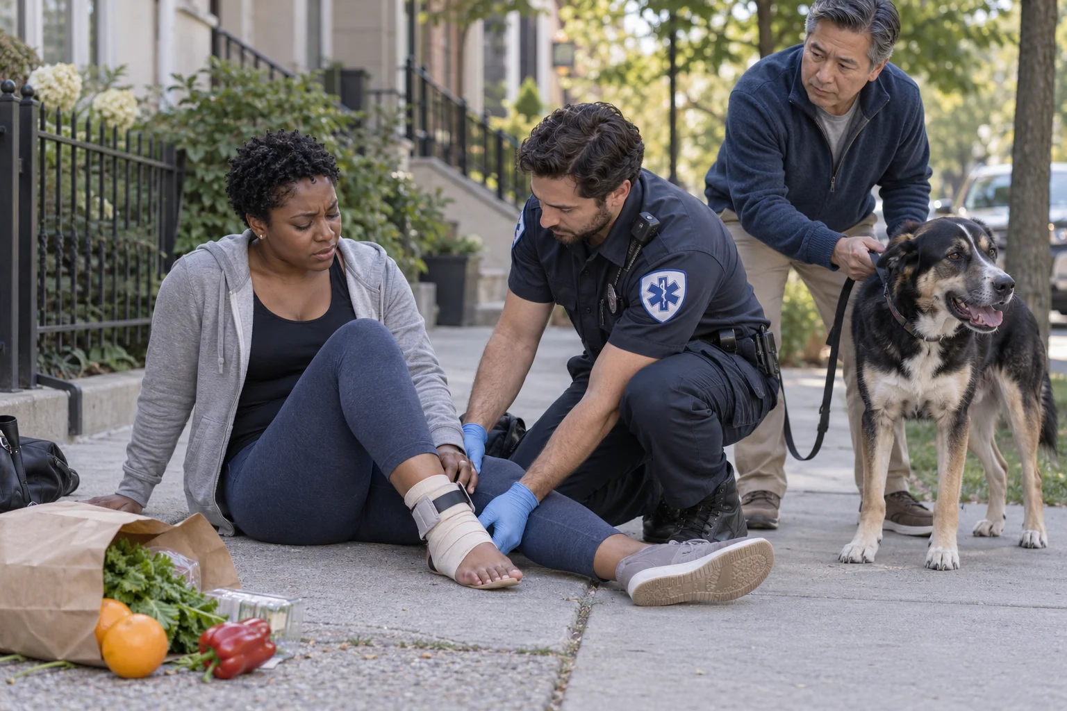 A paramedic treating an ankle injury while a dog is held safely away on a leash.