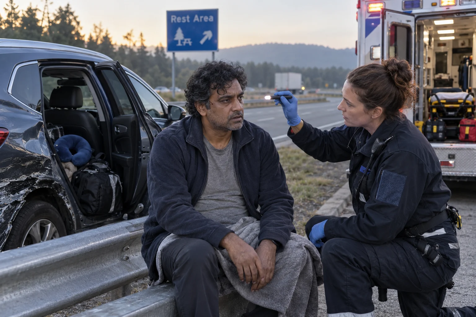 A paramedic assessing an injured traveler beside a damaged car at dawn.