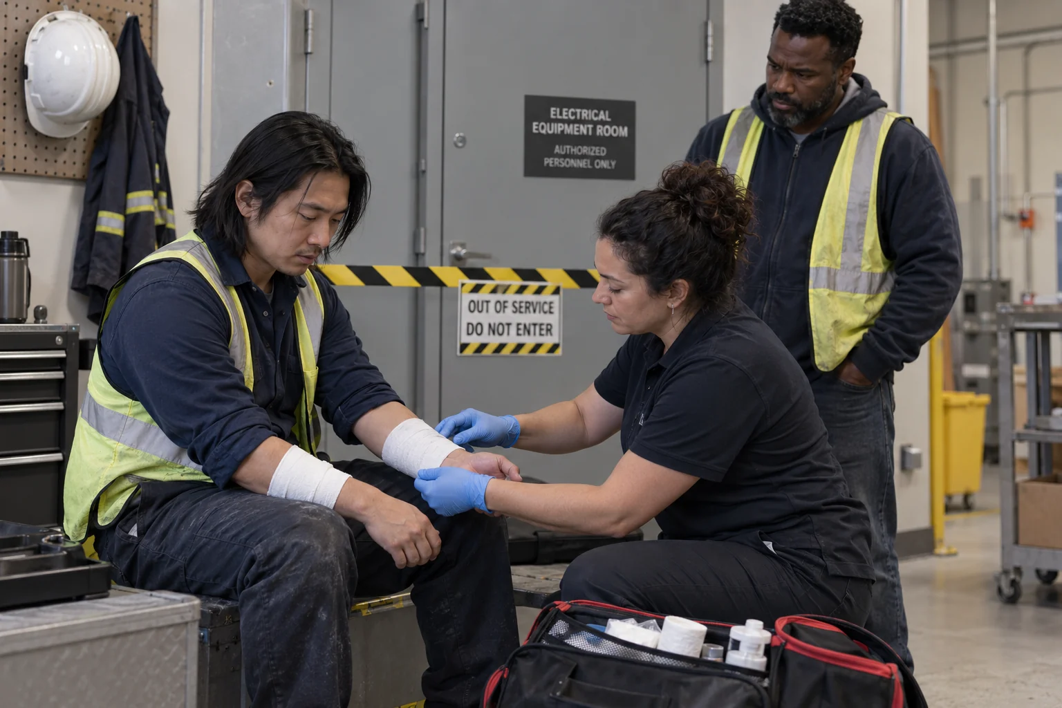 A maintenance worker receiving care outside an isolated electrical equipment room.