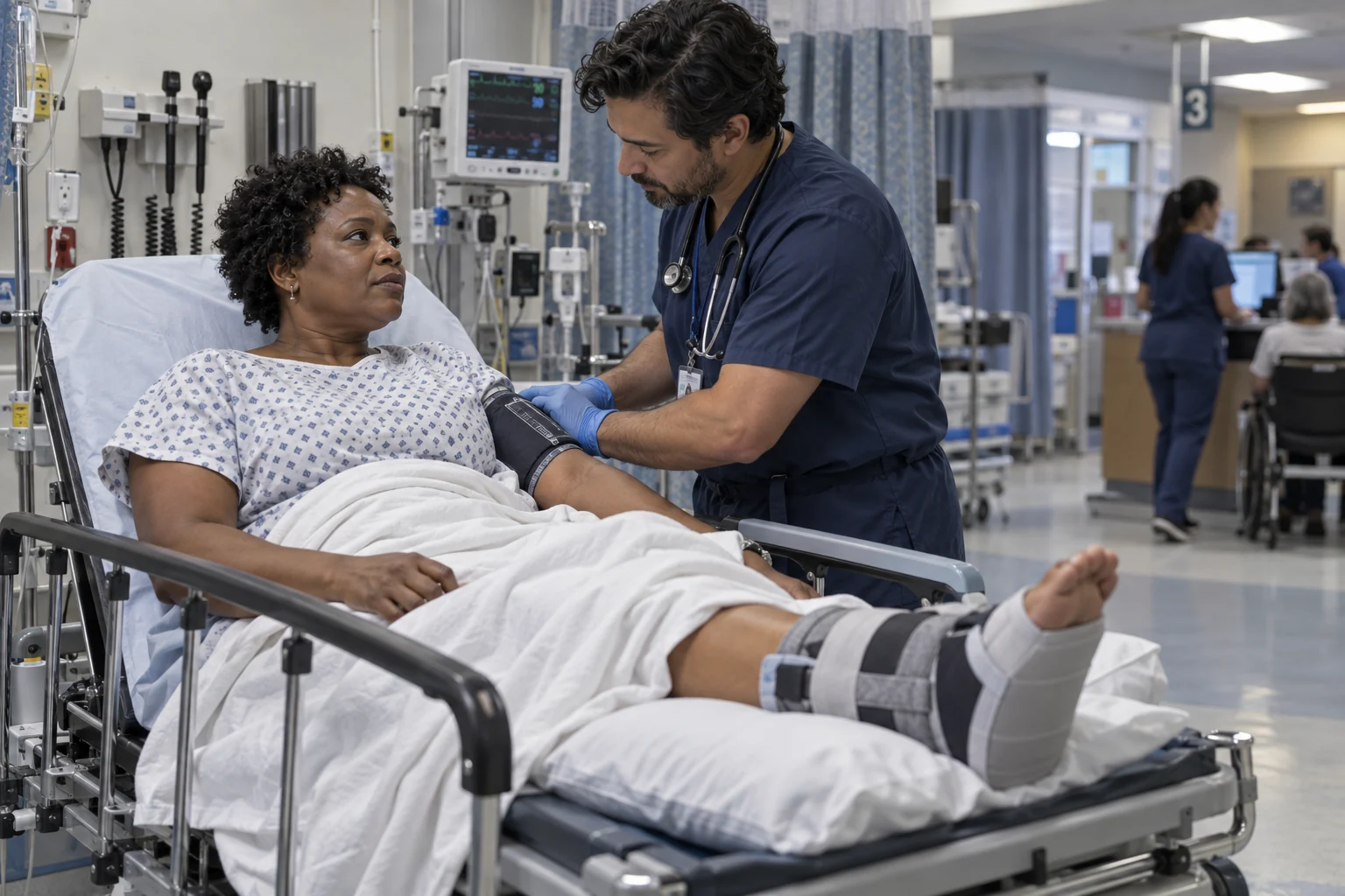 An emergency clinician reassessing a patient in a curtained treatment bay.