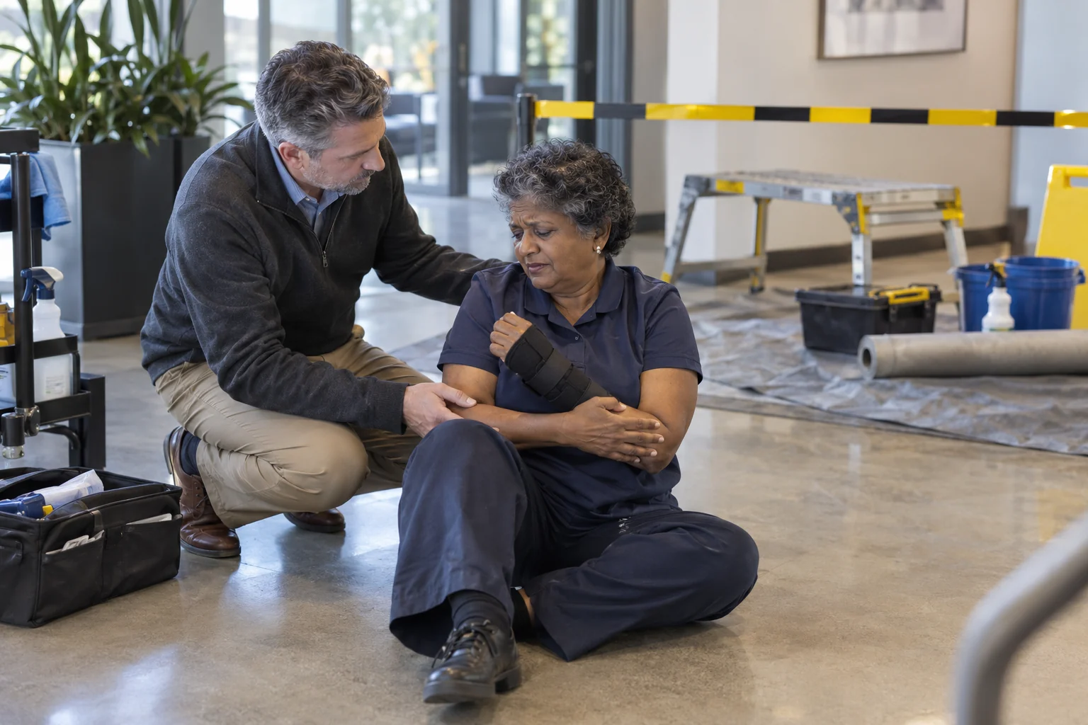A medic helping an employee with a wrist injury beside a secured maintenance platform.