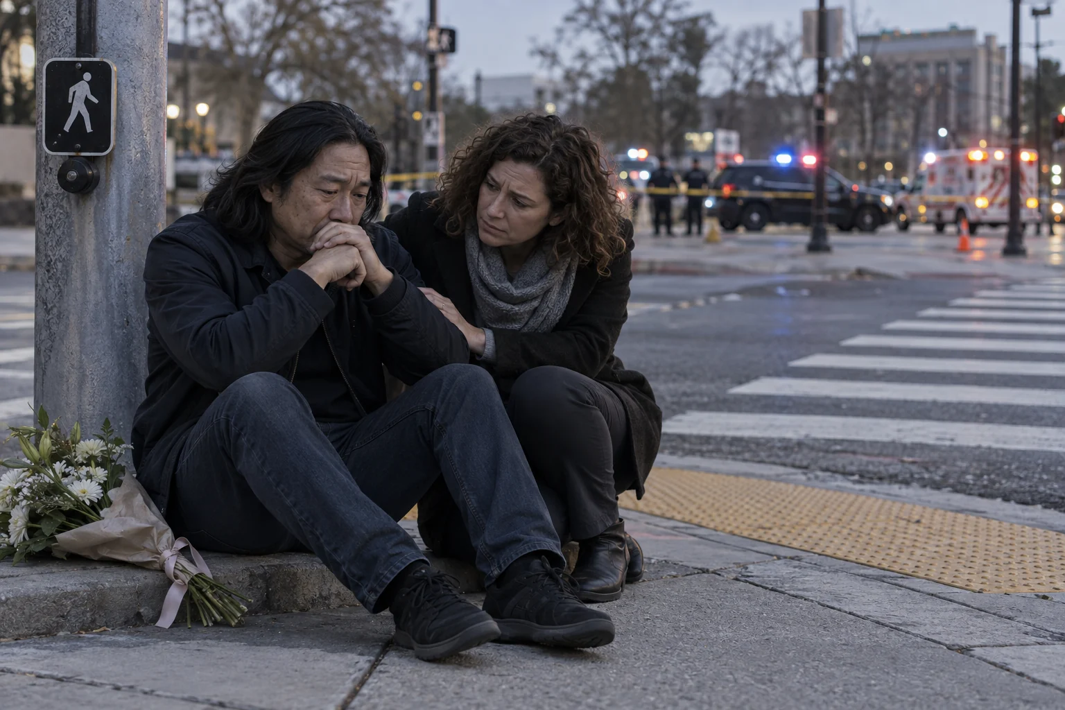 A grieving relative receiving support near a closed pedestrian crossing.