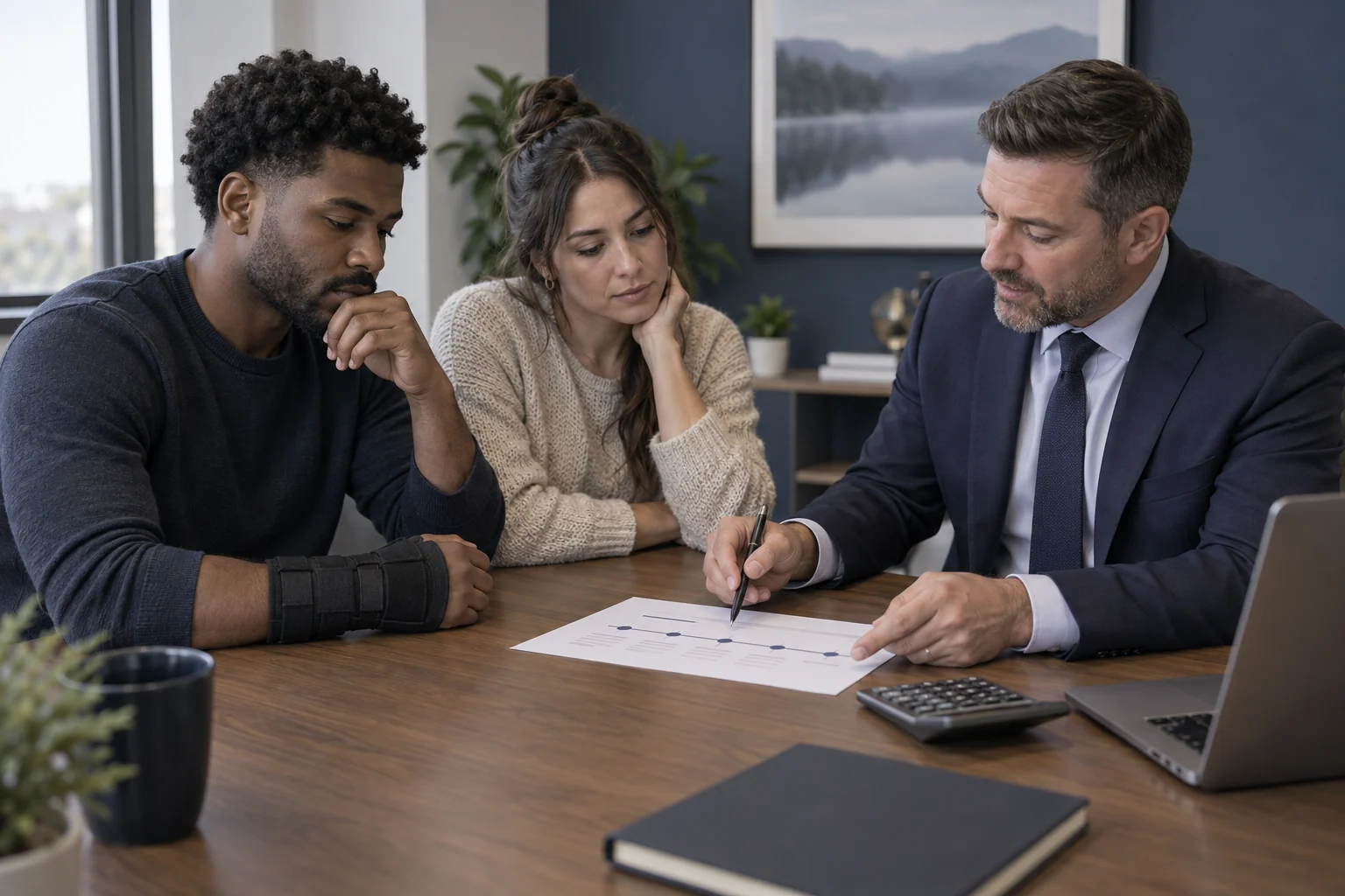 A client and adviser reviewing repayment paperwork and a calculator.