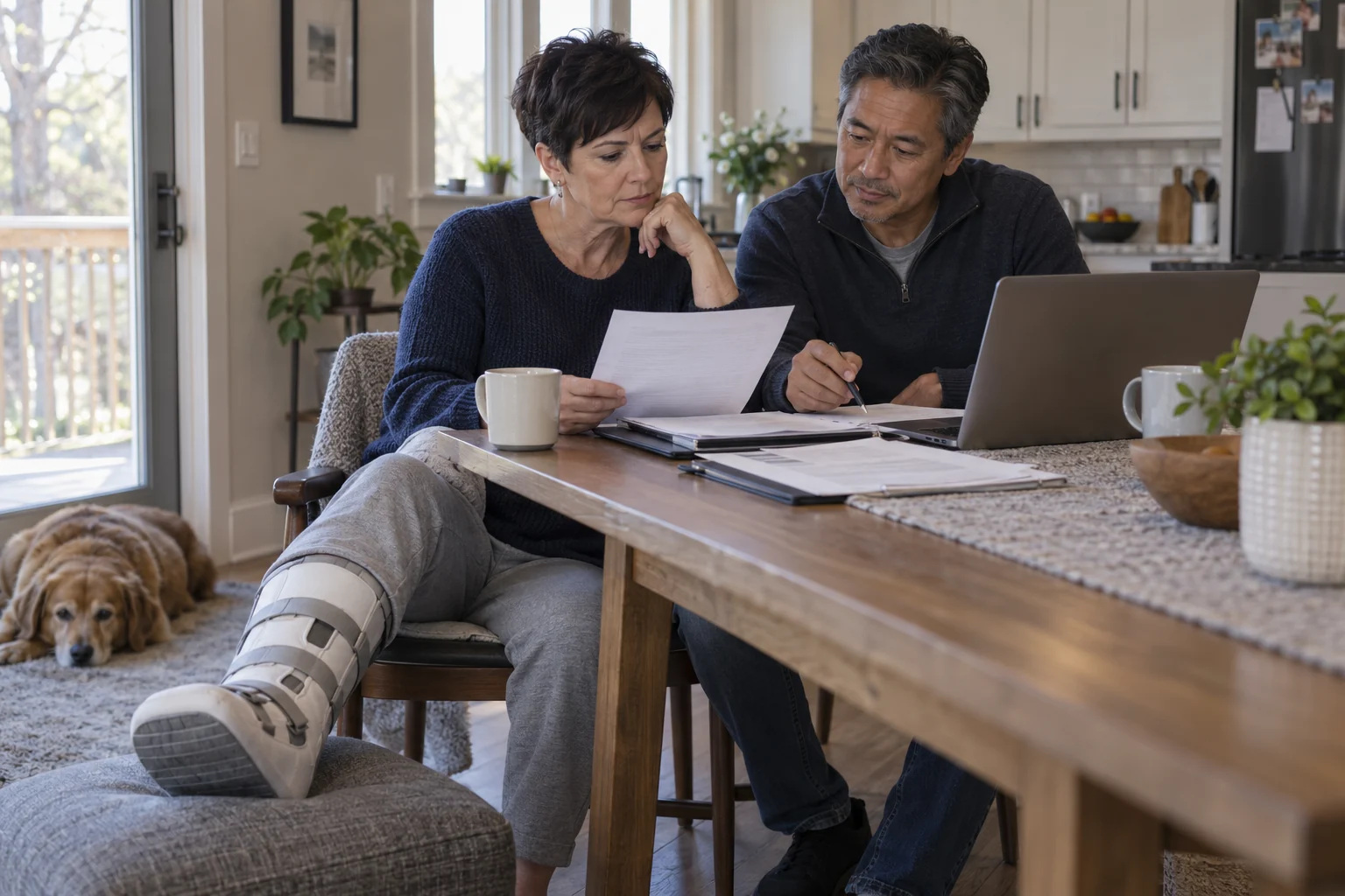 An adult recovering from a leg injury planning household expenses with a partner.