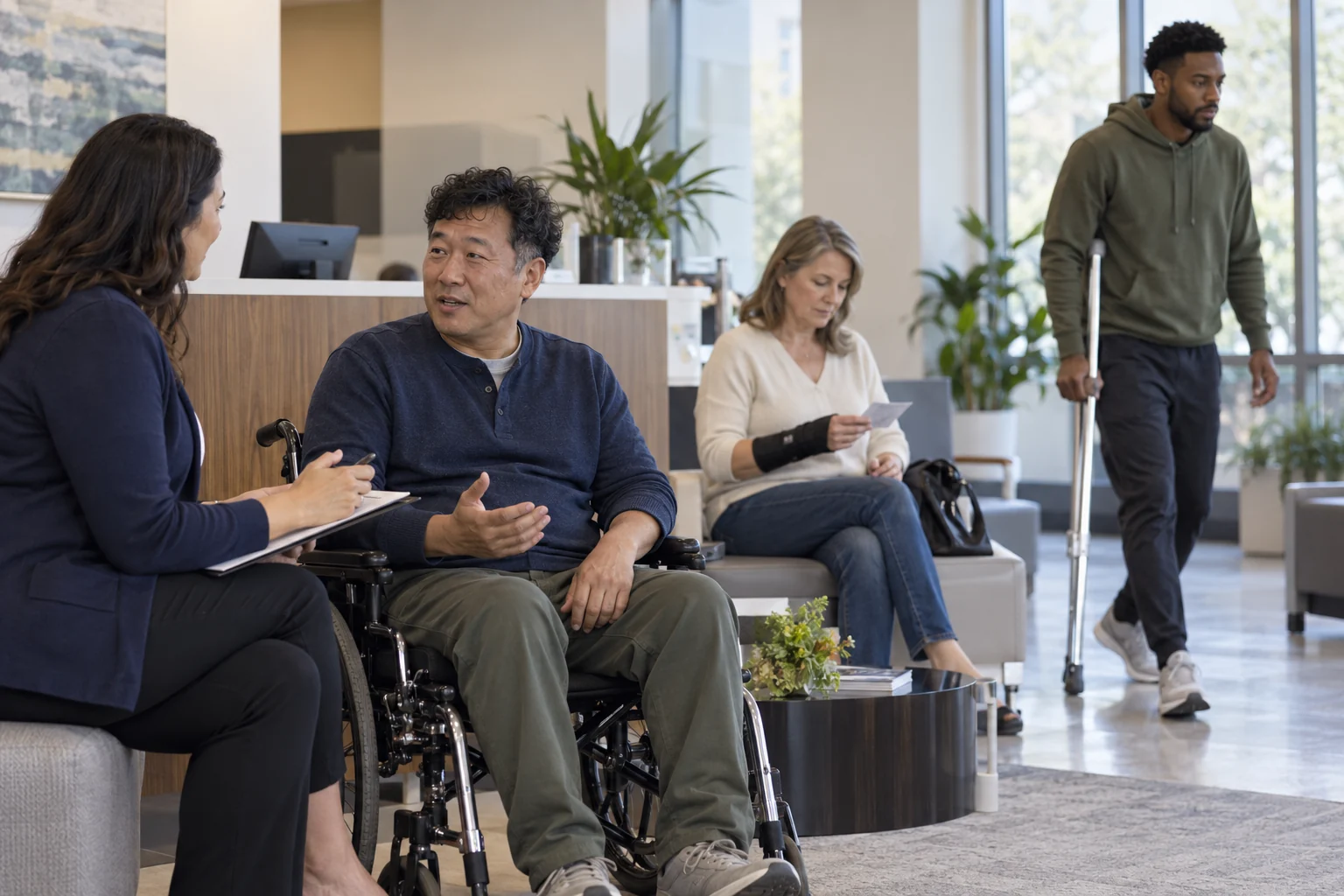 Adults with different mobility needs receiving assistance at a rehabilitation reception.
