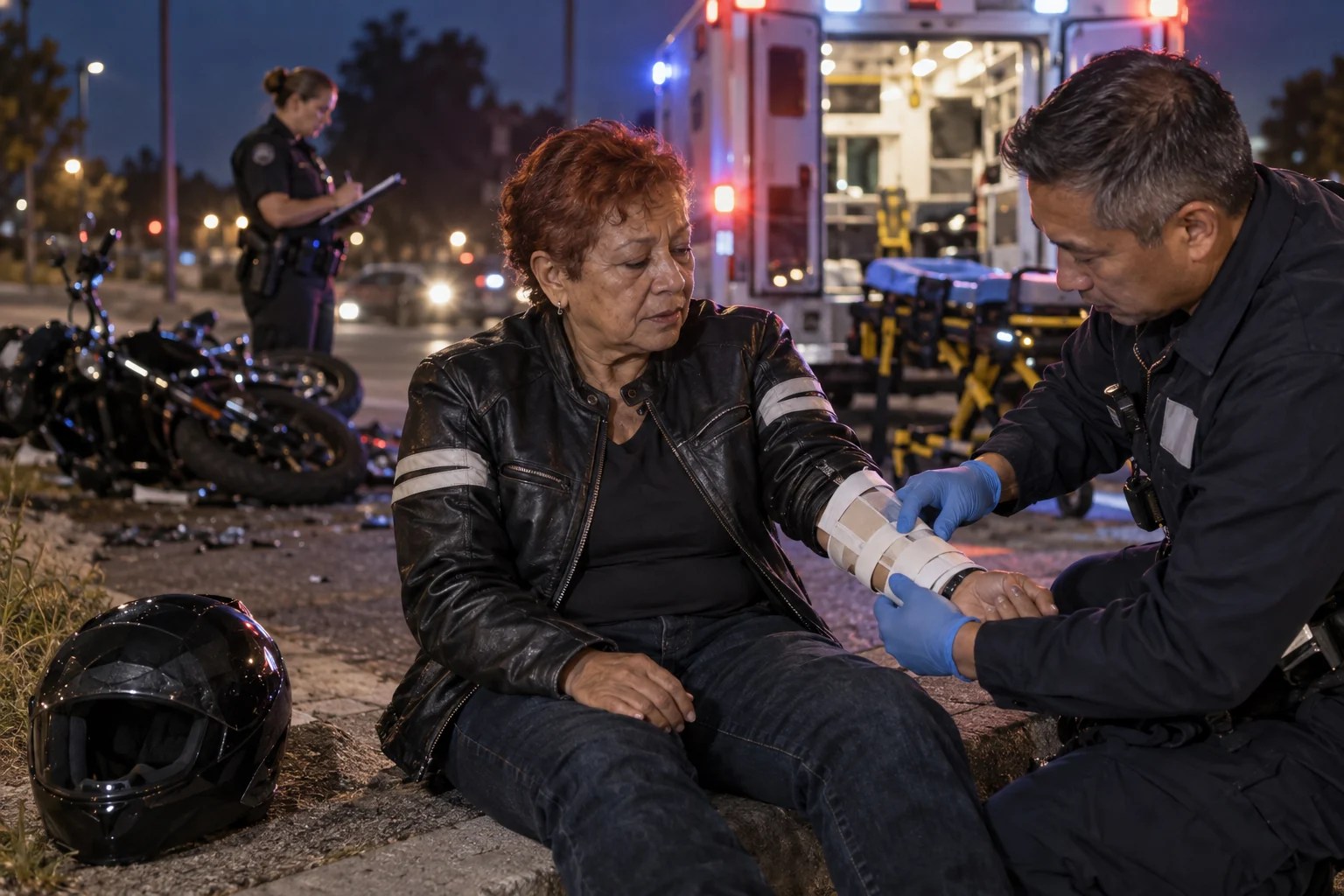 A rider receiving forearm treatment beside a damaged motorcycle at dusk.