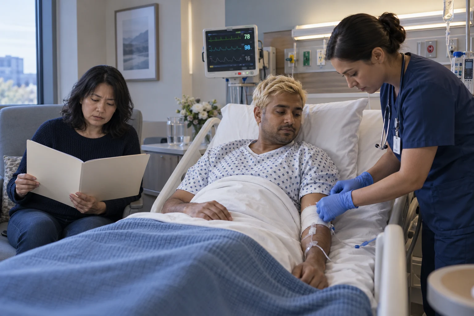 A clinician reassessing a hospitalized patient while a family member waits nearby.