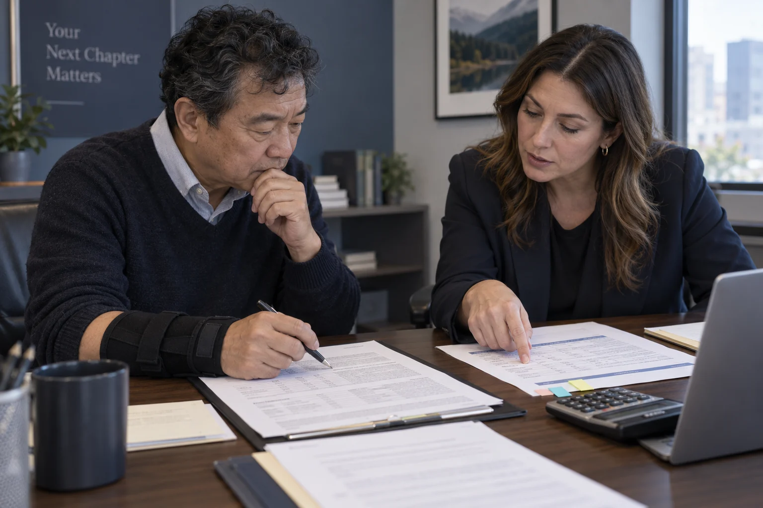 A client and adviser carefully reviewing a funding offer and repayment schedule.