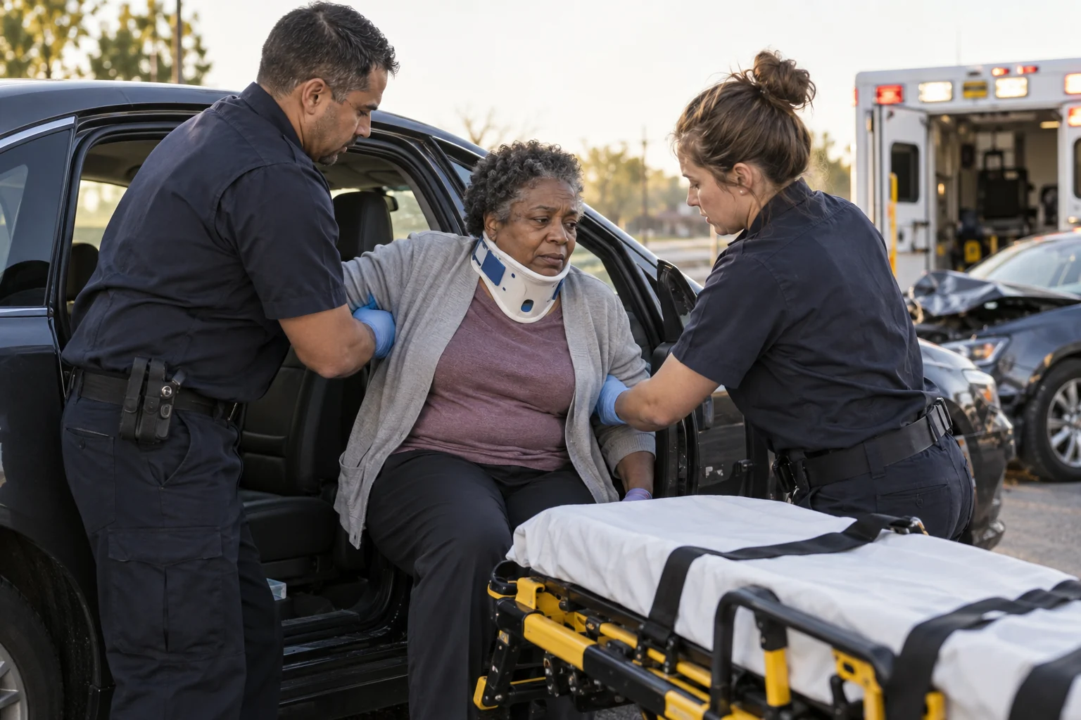 Responders assisting an injured passenger through a car's rear door.