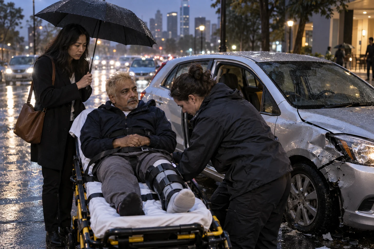 A rideshare passenger receiving ankle support at a rainy curbside drop-off.
