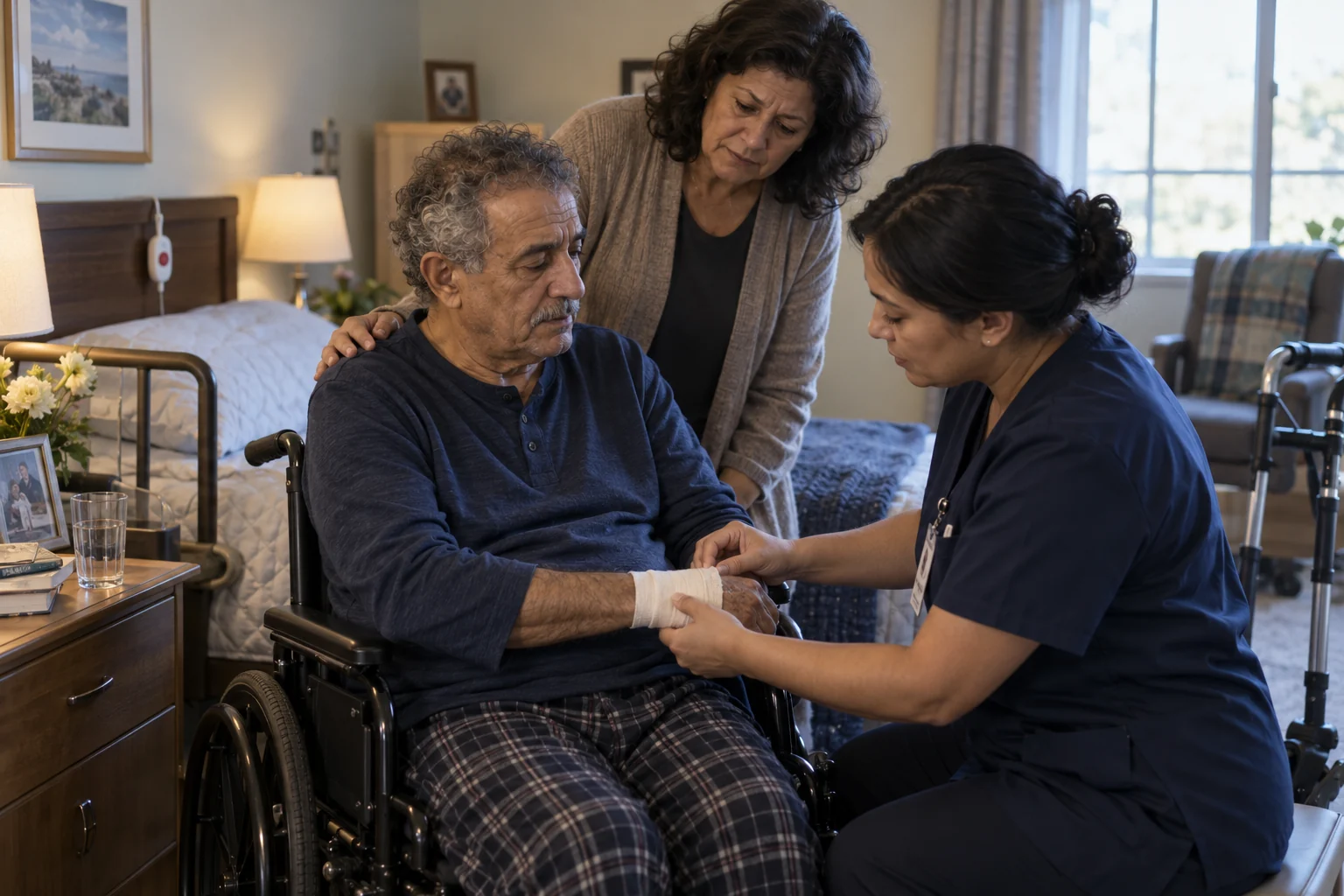 A visiting nurse checking an elderly resident's wrist dressing with a relative present.
