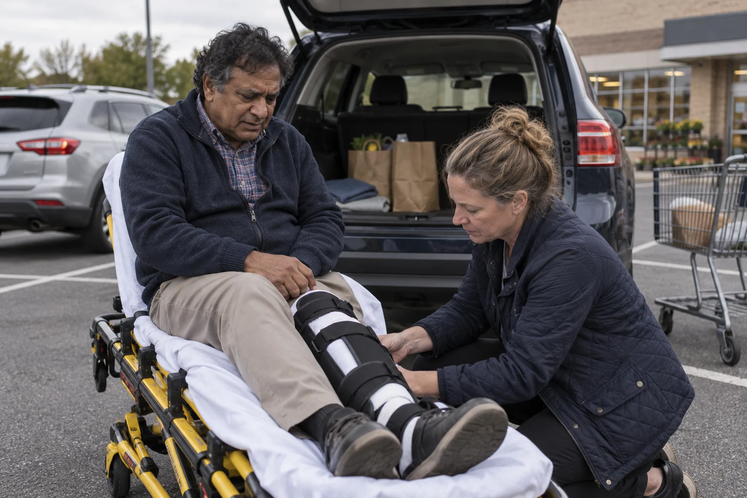 A pedestrian receiving leg support in a parking lot beside a stopped vehicle.