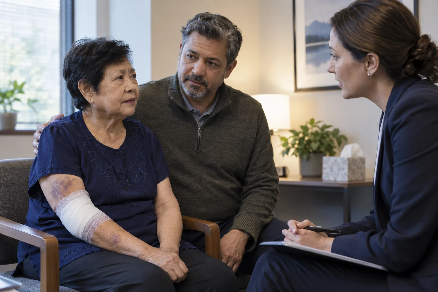An older adult with an arm dressing meeting with a clinician and a trusted relative.