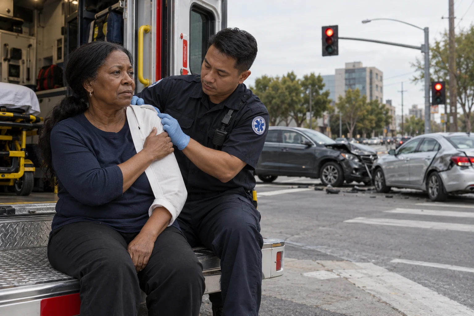 An injured adult receiving shoulder support after an intersection collision.