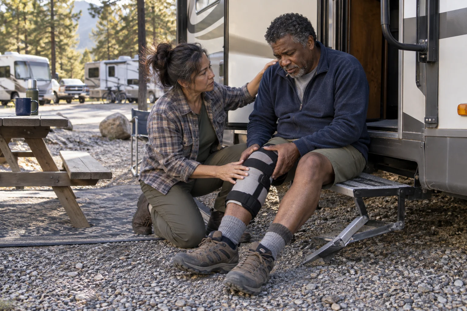 A camper receiving knee care beside a damaged motorhome entry step.