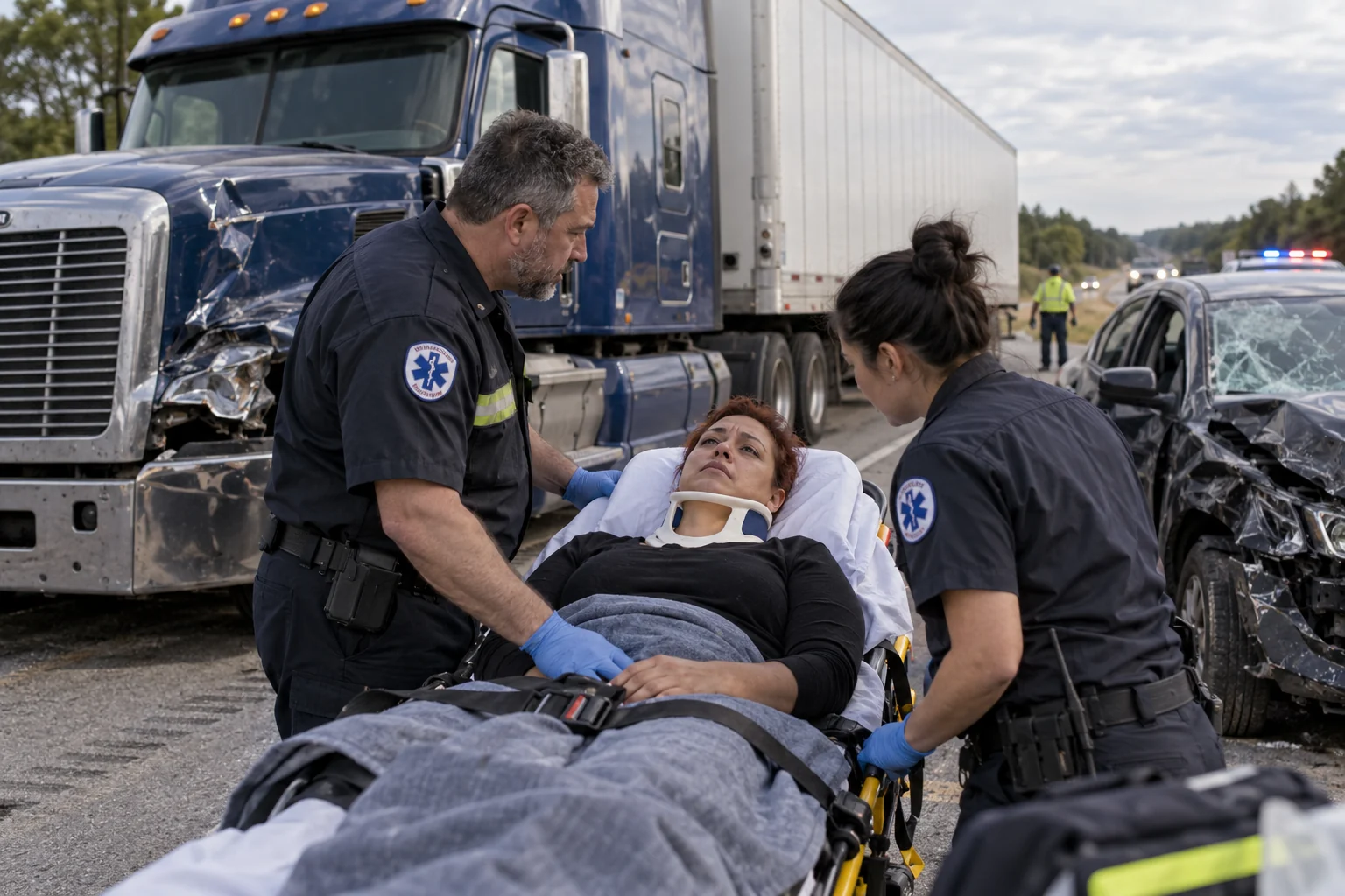 Paramedics preparing an injured adult for transport beside a tractor-trailer collision.