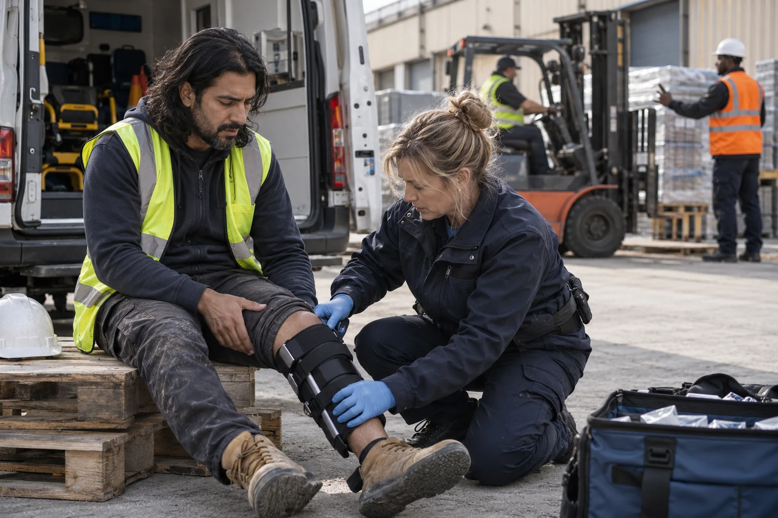 A worker receiving knee support at a delivery yard beside a contractor vehicle.