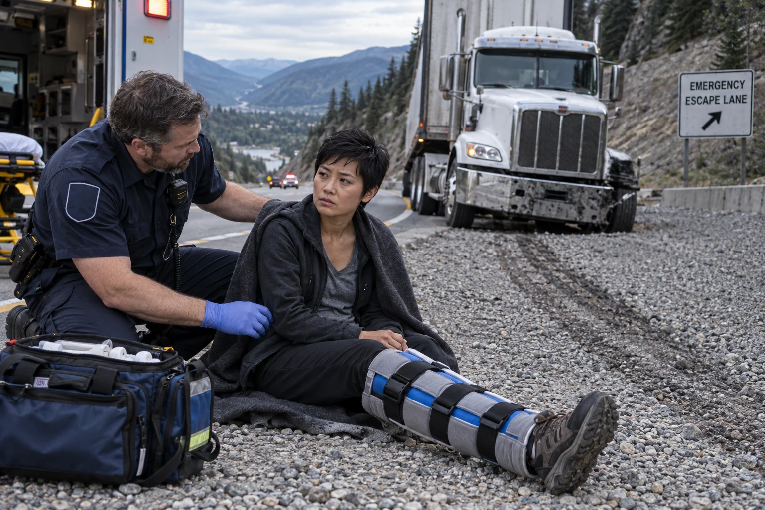 Paramedics treating an injured adult beside a heavy truck on a downhill roadway.