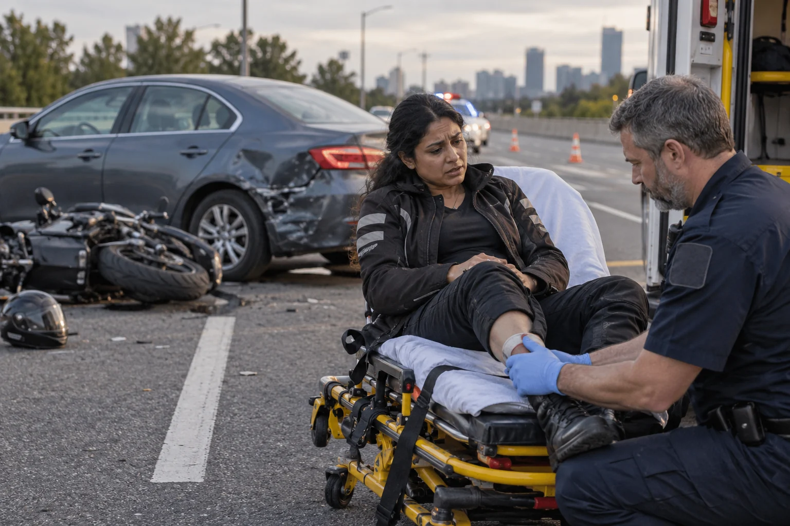 An injured rider receiving ankle support beside vehicles stopped across a lane divider.