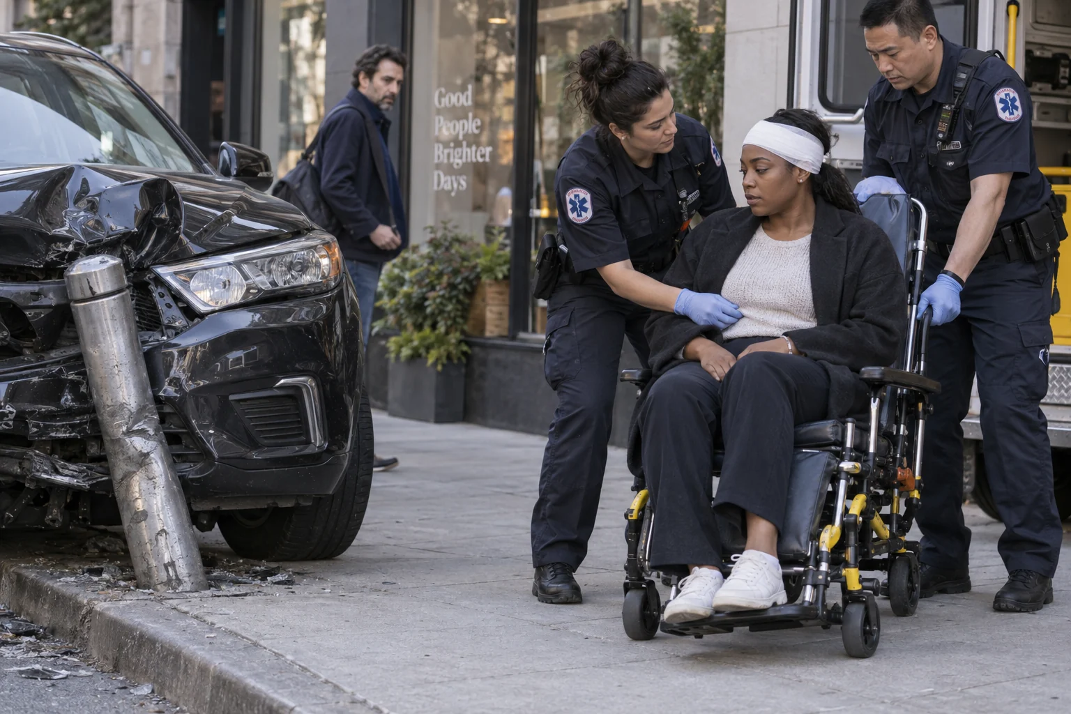 Paramedics helping an injured pedestrian beside a car stopped over a sidewalk curb.