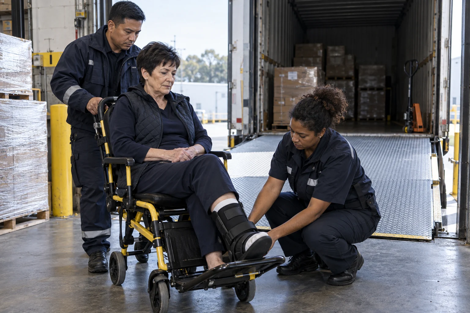 Responders helping an injured worker at a warehouse loading dock.