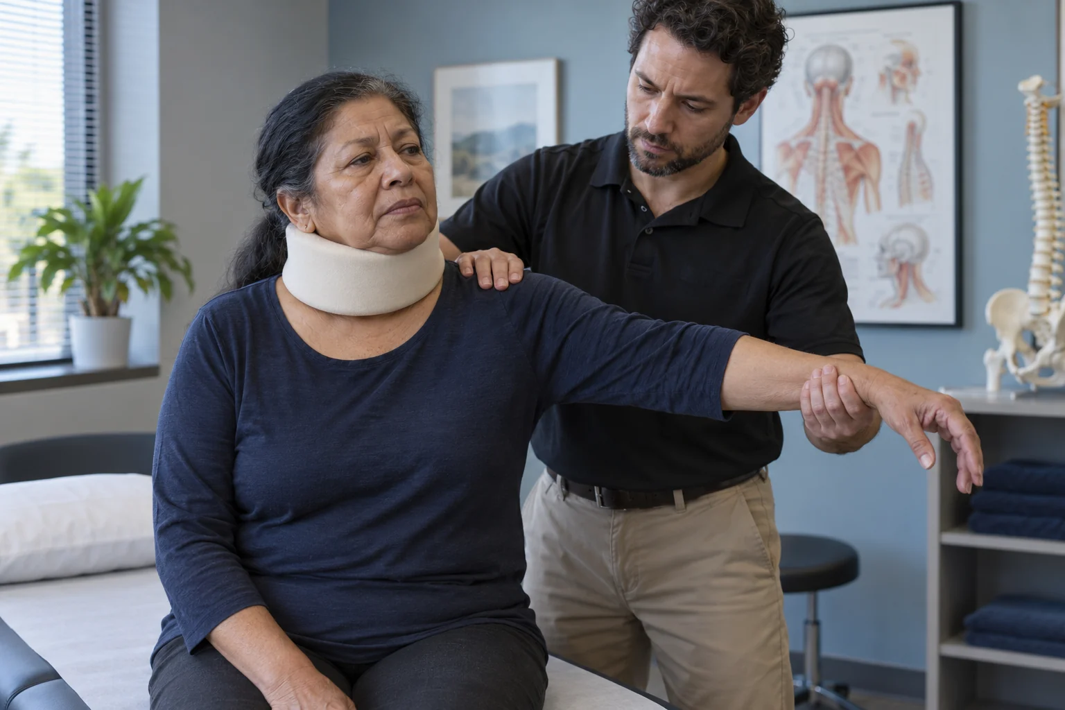 A clinician assessing shoulder movement for a patient wearing a soft neck collar.