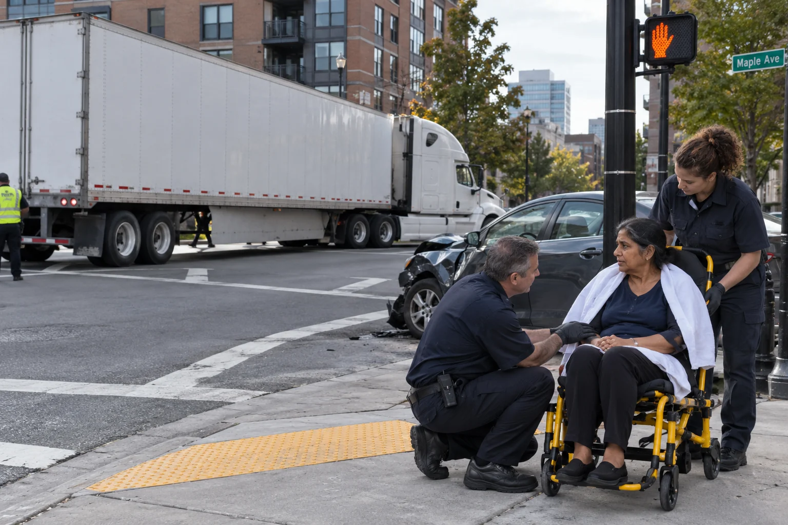 Responders treating a car occupant beside a truck stopped through an intersection turn.
