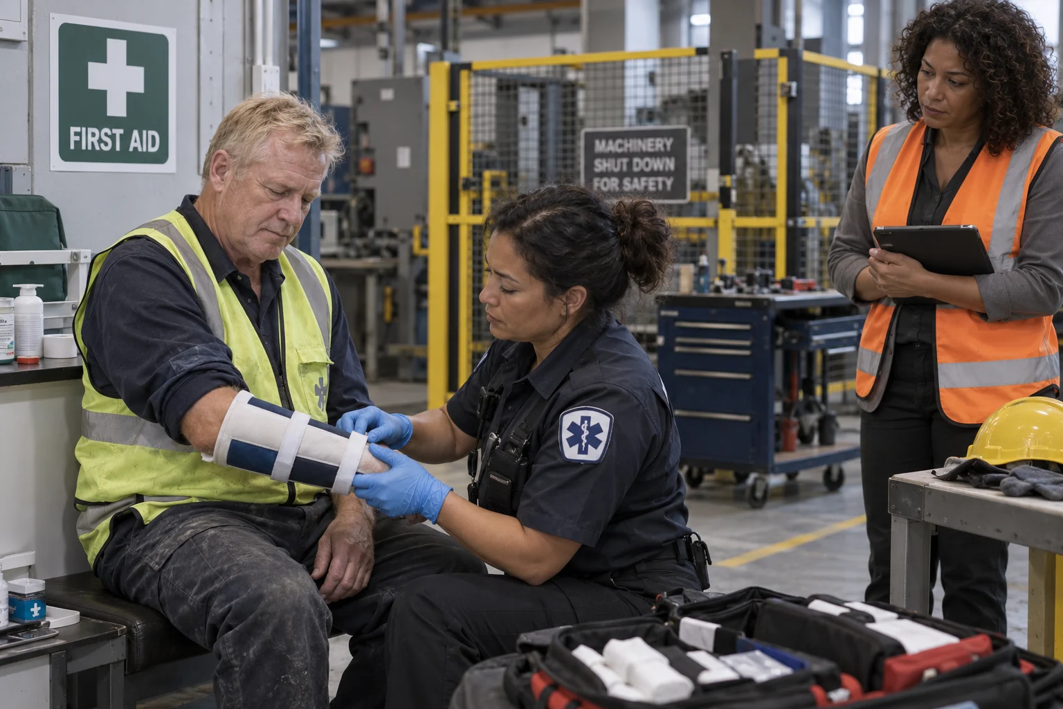An injured employee receiving forearm care at a workplace first-aid area.