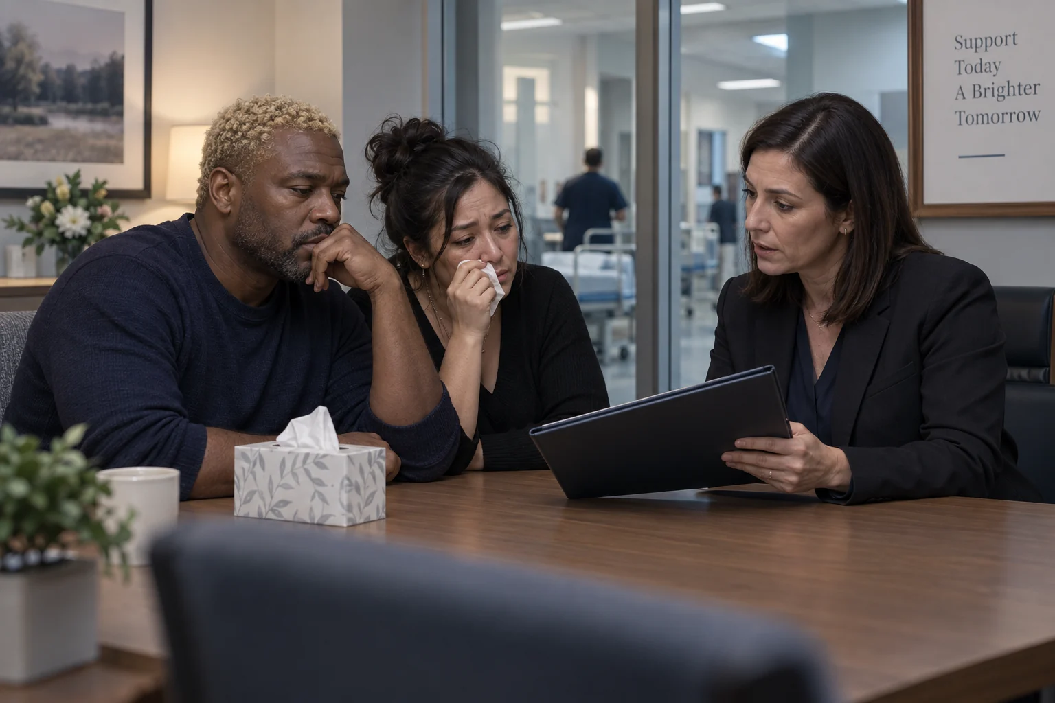 Bereaved family members discussing hospital records with a legal adviser.